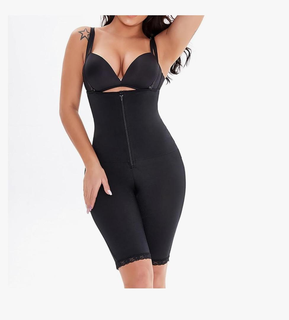 Shapewear for Women Open Bust Body Shaper Zip Up Front Lace Trim Thigh Slimmer Tummy Control Bodysuit, L