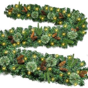 9FT Christmas Garland with Lights, Battery Operated, Green Garland with Artificial Long Pine Cones and Pine Needles for Christmas and Front Door Window Fireplace Mantle Decor