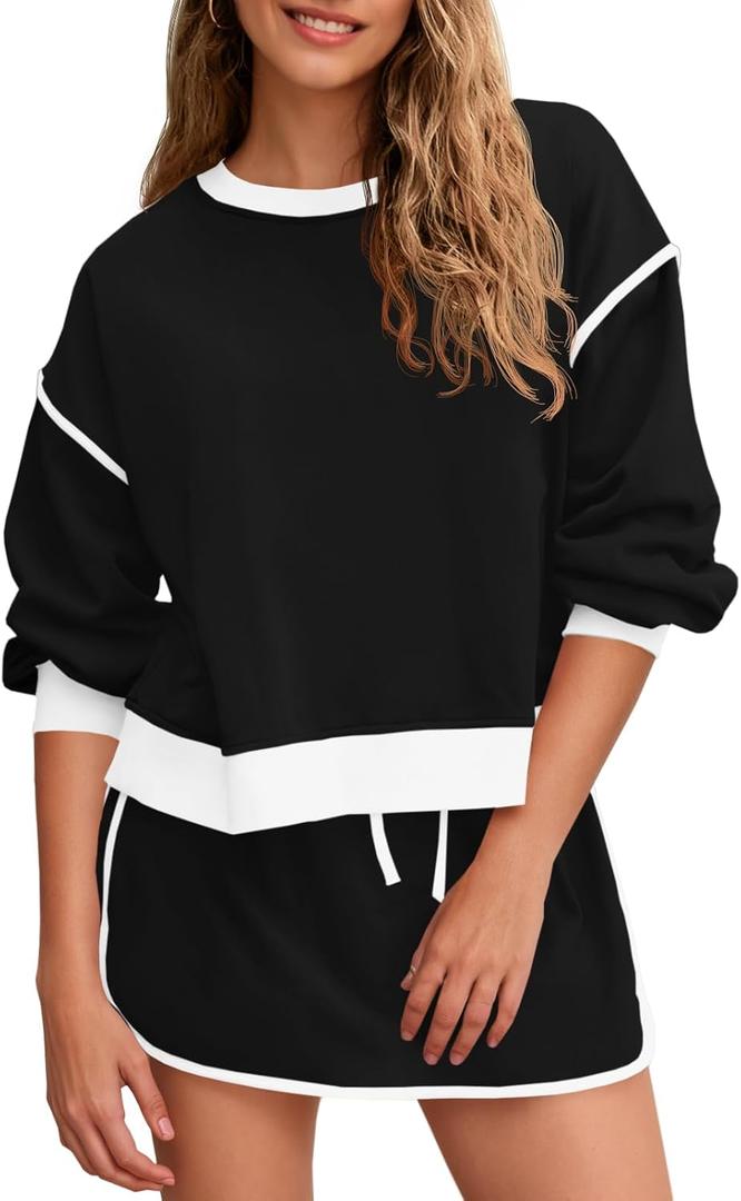 Fisoew Womens Sweatsuits 2 Piece Set Crewneck Sweatshirts High Waisted Skort Skirts Tennis Running Tracksuits Shorts Sets (Small, Black) Fisoew Womens Sweatsuits 2 Piece Set Crewneck Sweatshirts High Waisted Skort Skirts Tennis Running Tracksuits Shorts Sets (Small, Black)