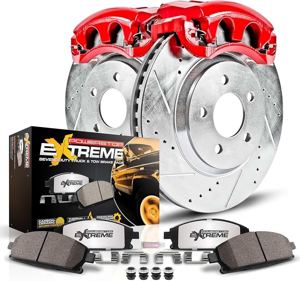 PowerStop Front Brake & Caliper Kit for Dodge Ram 2500 2009-10 |Ram 3500 2009-10 |Ram 1500 2012 |2500 2011-18 - Drilled & Slotted Disc Rotors + Z36 Brake Pads + Red-Powder Coated Calipers, KC5411-36