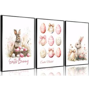 3Pcs Easter Bunny Poster Wall Art Pink Easter Eggs Wreath Canvas Prints Cute Watercolor Rabbit Pictures Wall Decor for Baby Boys And Girls Living Room Bedroom Home Decoration Un framed (16"L x 12"W)