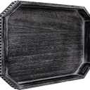 Decorative Coffee Table Serving Tray, Long Octagonal Black Wood Tray with Wooden Bead, Farmhouse Big for Ottoman Table, Countertop, Home Decor, 16.5"x13"x1.6" (Retro Black)