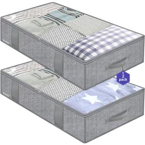 Onlyeasy Large Underbed Storage Bags Organizer Container (2 Pack) with 4 Handles and 2 Sturdy Zippers, Blankets Clothes Comforters Foldable Storage Bags with Clear Window, Herringbone Grey, MXRUBBP2 (Basic Soft Side Wall - Herringbone Grey)