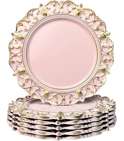 6 Pack Pink Charger Plates 13" Round Charger Plates for Dinning Plates with Embossed Rim Plastic Charger for Dinner, Wedding, Elegant Tableware Decor