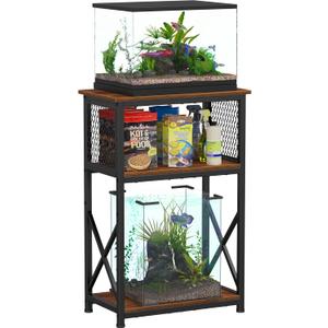 Snughome 10 Gallon Aquarium Stand with Storage, 3 Tier Heavy Metal Fish Tank Stand Shelf 20.47" x 11.42" x 30.91", Rustic Brown