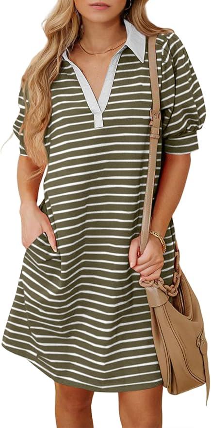 BLENCOT Women's Casual Polo V Neck T Shirt Striped Dress Summer Puff Short Sleeve MIdi Dresses Size Medium