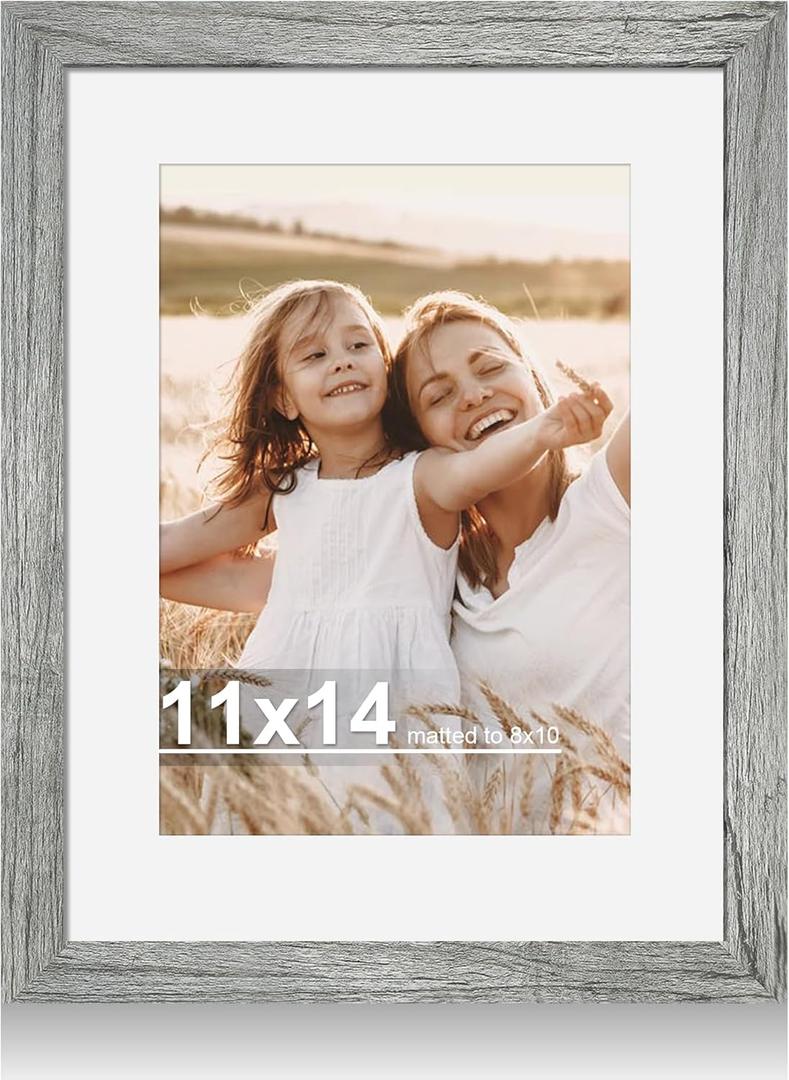 11x14 Picture Frame with Real Glass - 8x10 Wooden Frame with Mat, Horizontal and Vertical Display for Wall or Tabletop (Grey, 1 Pack)