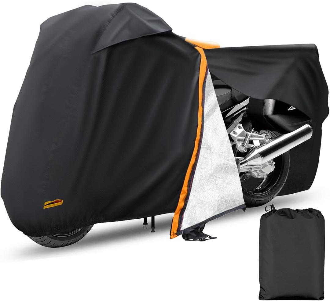 Motorcycle Cover,Waterproof Zipper Outdoor Cover for All Seasons Windproof, High Heat Resistance Dustproof and Rainproof Snowproof(Orange Zipper XXXL Fits Up to 116 inch)