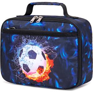 LEDAOU Lunch Bag Kids Insulated Lunch Box Boys Girls Insulated Reusable Lunch Bag for School Picnic Hiking Work (Soccer Black Blue)