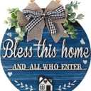 3D Bless This Home and All Who Enter Wooden Front Door SignsDoor Decorations Hanging,Christian Jesus Home Porch Wall DecorSpring WreathsDoor Wreaths for Front Door Outside All SeasonBlue
