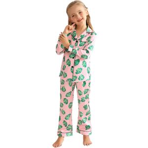 Veseacky Girls' Pattern Satin xms Pajamas Set Two Piece Silk Nightwear Button-Down Sleepwear for Girls (Green leaf,size 8)