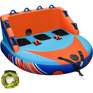 3 Person Towable Tube for Boating, Boat Tube with 510lb Capacity, Heavy-Duty PVC & Nylon Cover, 60ft Tow Rope, Dual Tow Points, EVA Cushion for Water Sports