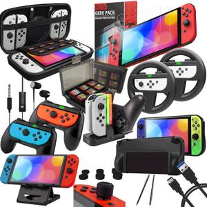 Orzly Accessory Bundle Kit designed for Nintendo switch Accessories Geeks and Oled console users Case and Screen protector, Joycon grips and Wheels for enhanced games play and more - Jet black, Switch & Switch OLED