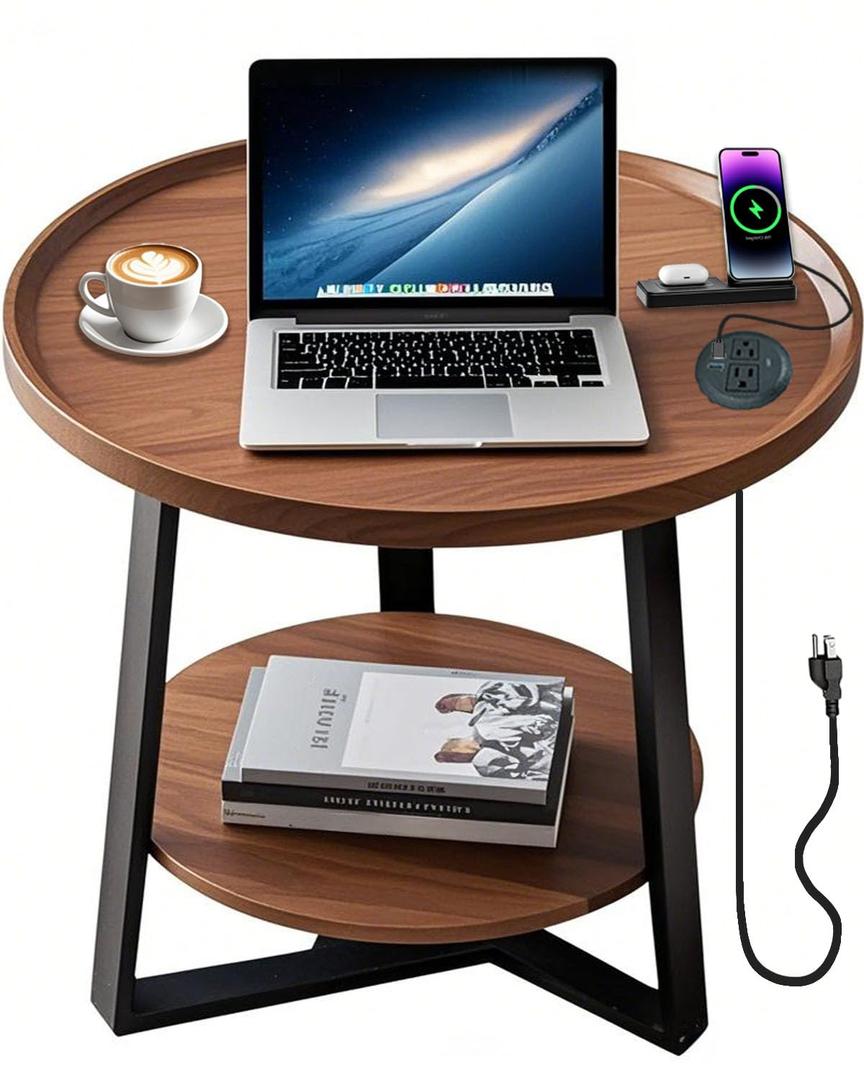 Round End Table with Charging Station, 23.6" Dia x 23.6" H, 2-Tier Walnut Coffee Table with Storage Shelf, Side Table with USB Ports,Tybe-c and Outlets, for Living Room, Bedroom, Sofa, Office, Patio