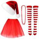 Geyoga 4 Pack Christmas Costume Set Christmas Santa Hat Tutu Skirt Striped Tights for Xmas Holiday Dress Party(Red)