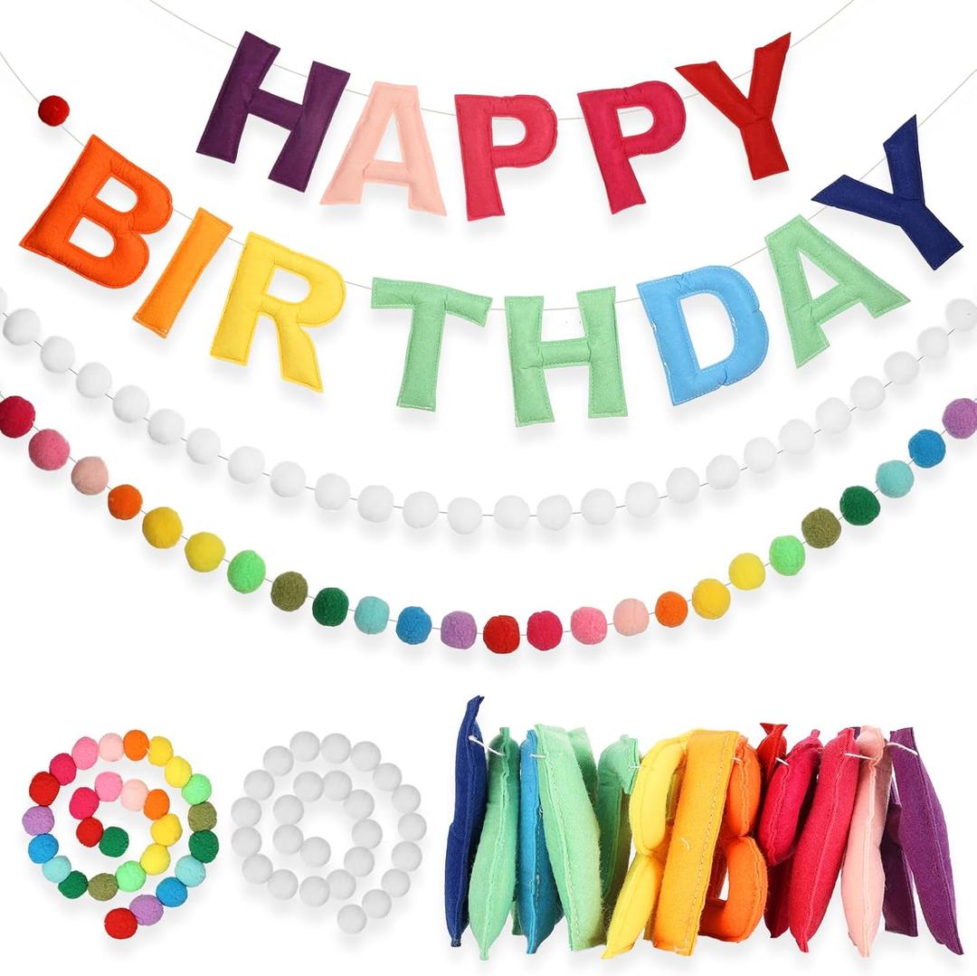 3 Pcs 118 Inch Pre Strung Happy Birthday Banner Felt Fabric Ball Garland Reusable Rainbow Birthday Garland Happy Birthday Banner Sign for Party Decor