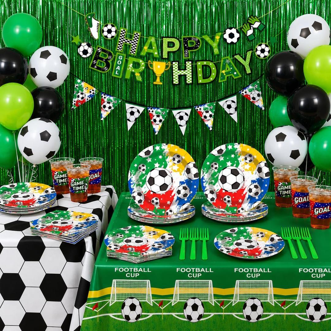 Soccer Party Supplies for 24 Guests, Soccer Birthday Decorations Set with Plates Cups Napkins Tablecloth Balloons Banner & Cutlery, Soccer Theme Party Decorations for Game Day Sports Celebration