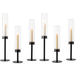 Hewory Black Candlestick Holders Hurricane Candle Holder, 6Pcs Candle Stick Candle Holder Candelabra, Taper Candle Holders with Glass Candle Cover for Wedding Table Centerpiece Christmas Decor