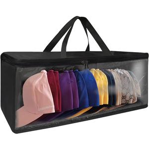 Hat Organizer for Closet, 8.6" Width Widened Design, Large Hat Box, Baseball Cap Storage Bag with Carrying Handles & Lid, Solid Structure with Plastic Boards (Black)