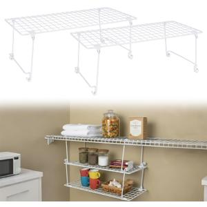 Leinuosen 2 Pack Stackable Wire Shelves 21.5'' x 10.75'' x 7.87'', Stack and Hang Wire Shelves for Closet, Space Saving White Shelf Extender for Closet, Kitchen, Laundry Room, Bathroom, Pantry