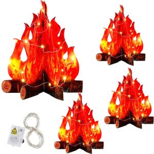 Tioncy 4 Set Fake Fire Campfire Centerpiece 3D Artificial Fake Flames with LED String Lights Fire Cardboard for Summer Camping Party Decorations (11.8 Inch)