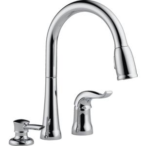 Delta Kate Chrome Kitchen Faucet with Pull Down Sprayer and Soap Disperser, Modern Two Hole Kitchen Sink Faucet, Single Handle, Chrome 16970-SD-DST