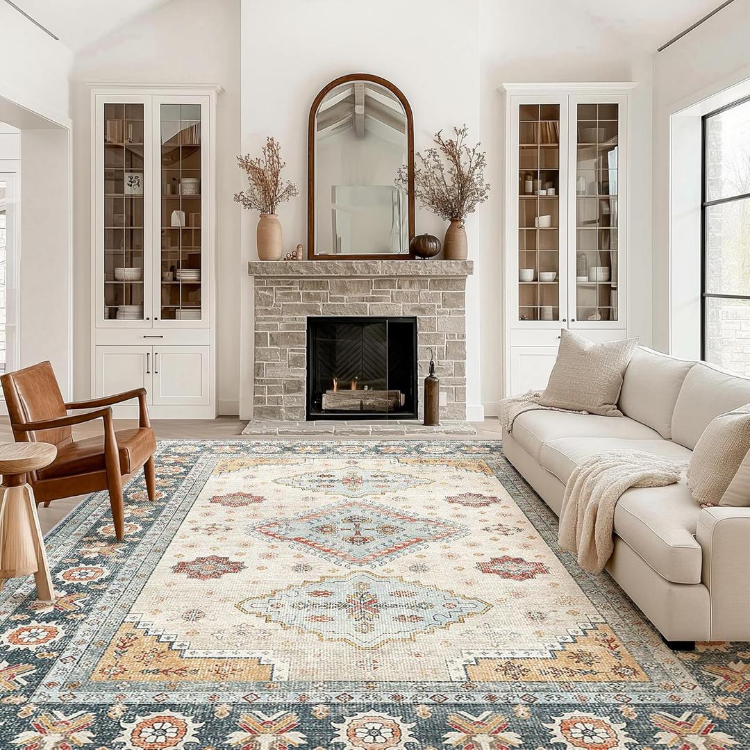 Area Rugs for Living Room 8x10 Machine Washable Rug, Vintage Large Floral Medallion Carpet for Bedroom Dining Room, Low Pile Lightweight Thin Chenille Non Slip Rug, Mutli