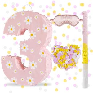 Daisy Birthday Decorations, Daisy Number 3 Piata with Blindfold Stick Blindfold Confetti for Pink Flower Boho 3rd Birthday Party Supplies (Daisy 3)