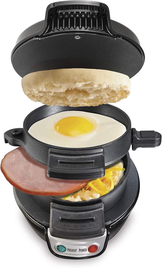 Hamilton Beach Breakfast Sandwich Maker with Egg Cooker Ring, Customize Ingredients, Perfect for English Muffins, Croissants, Mini Waffles, Perfect White Elephant Gifts, Black (25477) (Single)