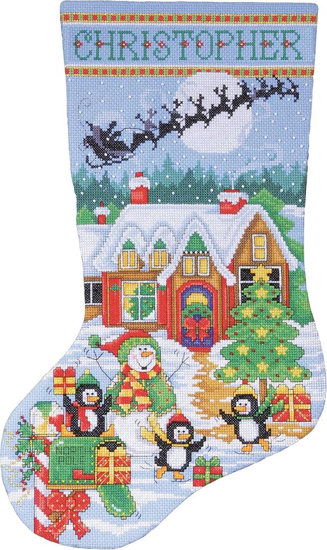 Tobin DW5972 14 Count Penguin Party Stocking Counted Cross Stitch Kit, 17-Inch Long,1-Pack