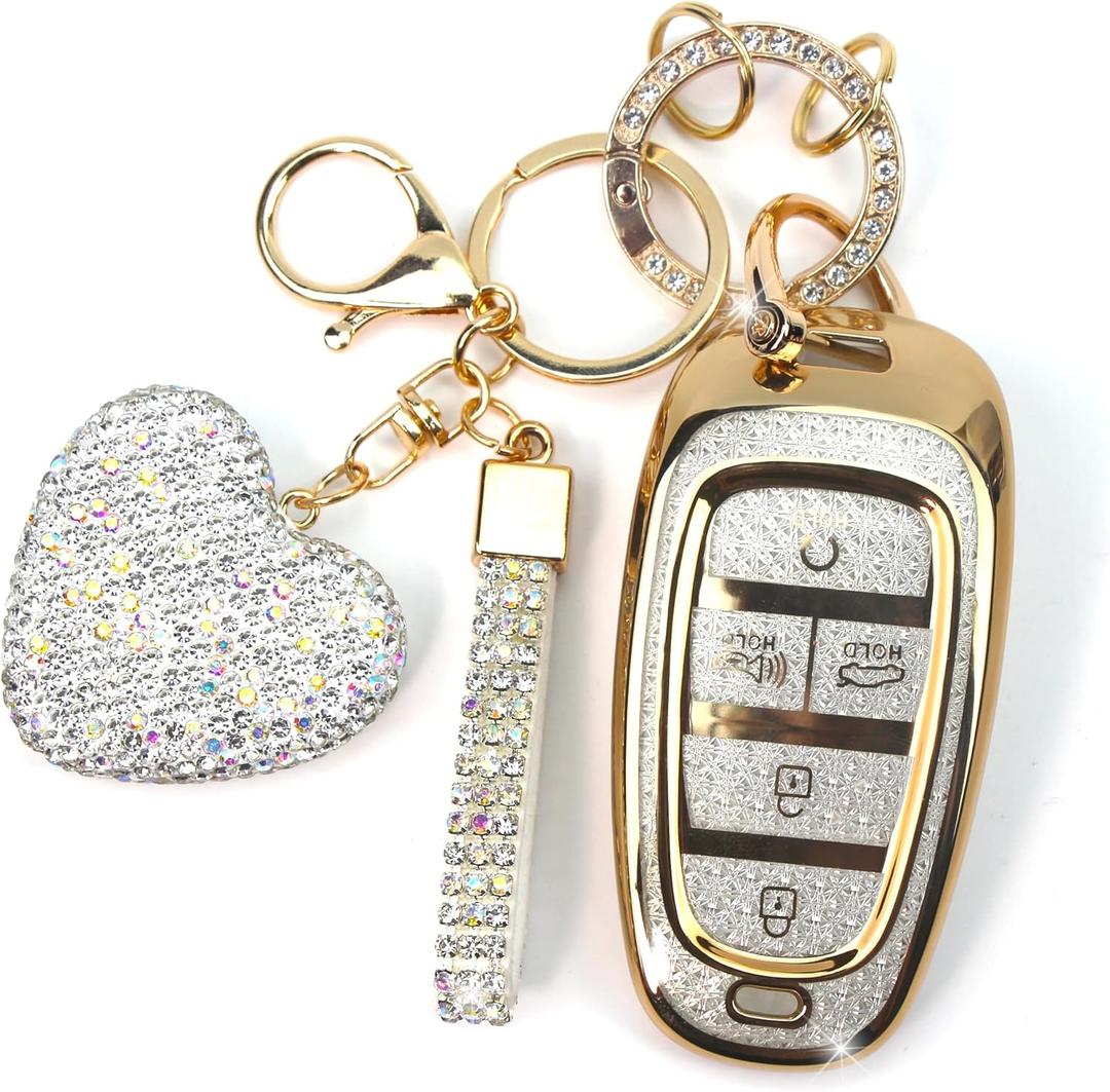 Key Fob Cover with Diamond Keychain Fit for Hyundai Car Key Holder Case Compatible with Hyundai 2023 2022 2021 2020 Sonata Santa Fe Tucson Smart Remote Key Protector, 5 Buttons (Gold-Heart)