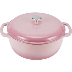 Amazon Basics Enameled Cast Iron Dutch Oven Pot with Lid, Round, Dual Handles, Heavy-Duty, Oven Safe for Stews, Roasting, Baking, 6-Quart, Light Pink