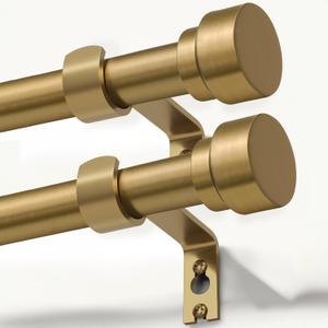 Lootkell 2 Pack Warm Gold Curtain Rods for Windows 72 to 144 Adjustable Length Heavy Duty 1" Diameter Brass Window Rod with Solid Metal Finials for Outdoor Farmhouse Bedroom Kitchen Living Room