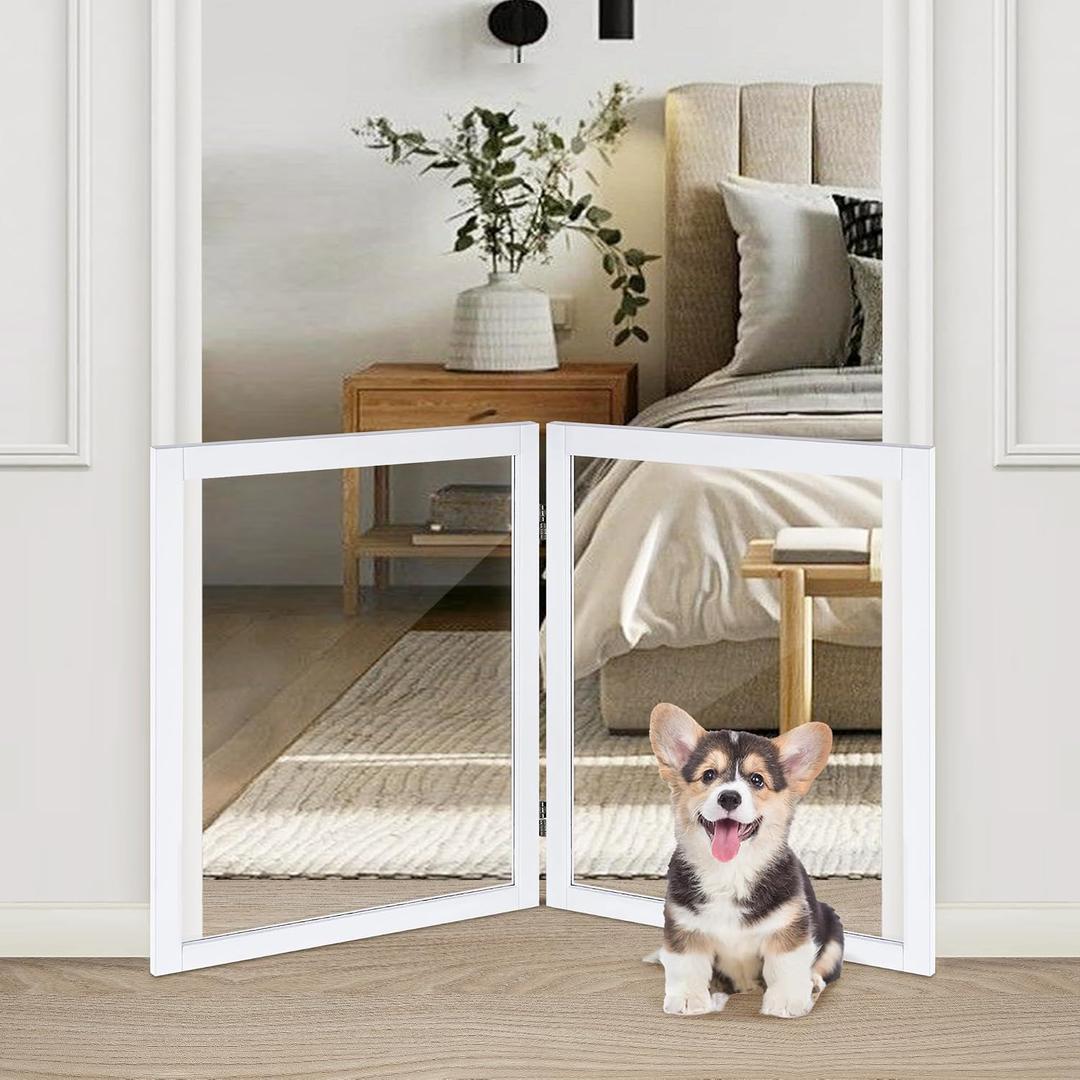 LZRS Clear Dog Gate for Indoor Use - Transparent Pet Fence with Solid Hardwood and Plastic Board, Stylish & Durable freestanding Pet Gate for Doorways, Stairs and Hallways-2 Panel White