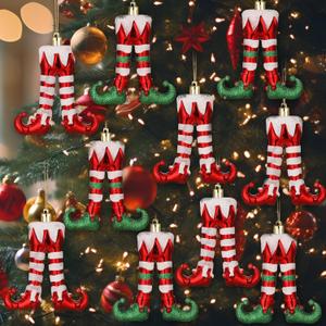 Soulchen 10 Pcs Christmas Elf Legs Ornaments Xmas Red Green White Feet Tree Topper Plastic Elf Feet Hanging Decorations with Gold Rope for Holiday Party Crafts Home Decor