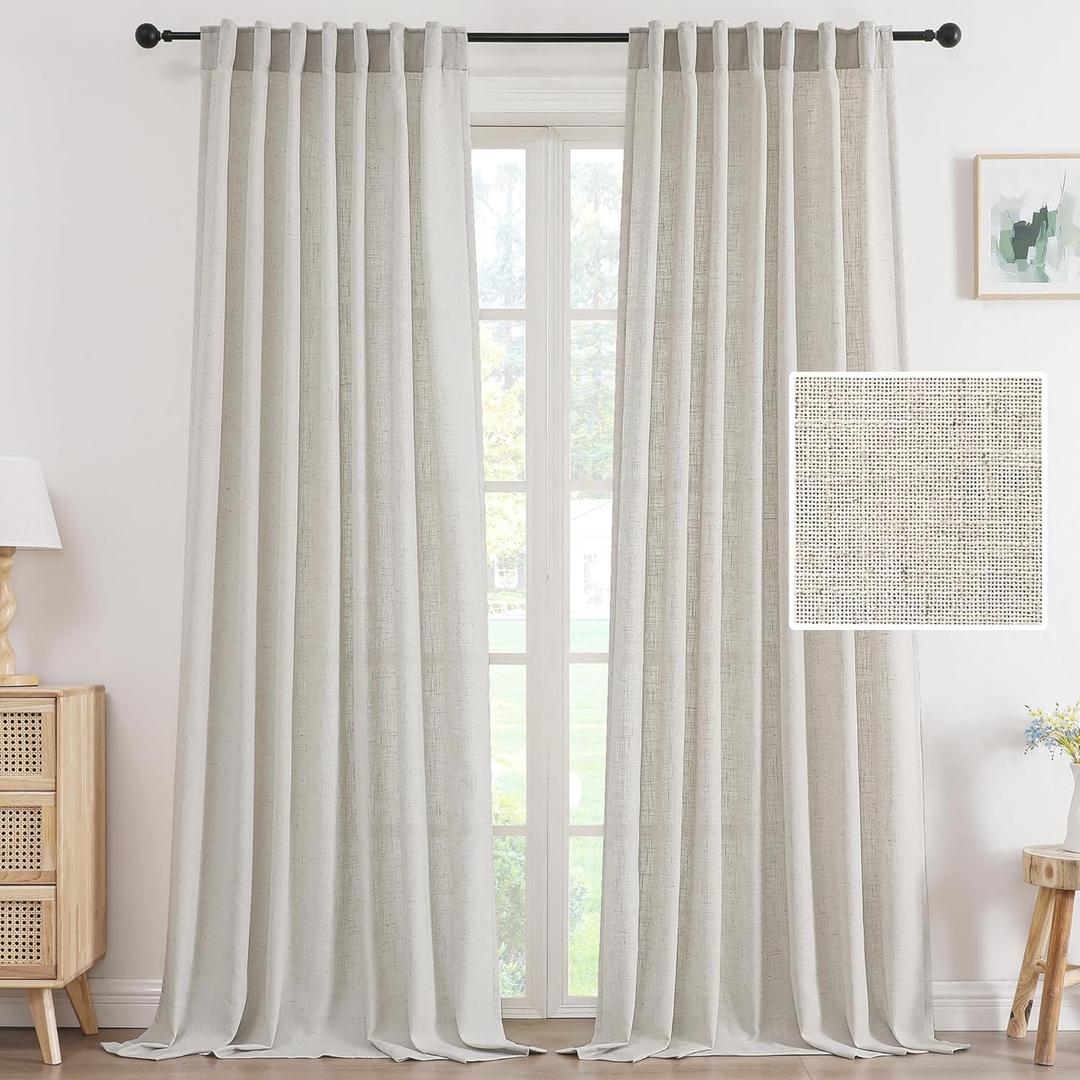 H.VERSAILTEX Linen Curtains 96 Inch Length 2 Panels Set, Soft Thick Window Drapes Semi Sheer Light Filtering Rod Pocket Back Tab, Pinch Pleated Treatments Neutral Farmhouse Living Room, 52x96-Pale Oak