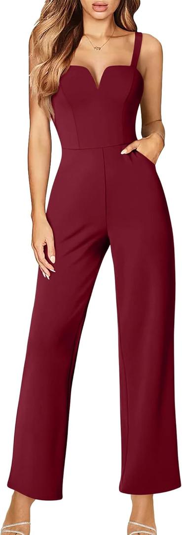 DAAWENXI Women's Casual Tank Top Sleeveless Jumpsuits Dressy Wide Leg Pants Rompers With Pockets (Winered), S