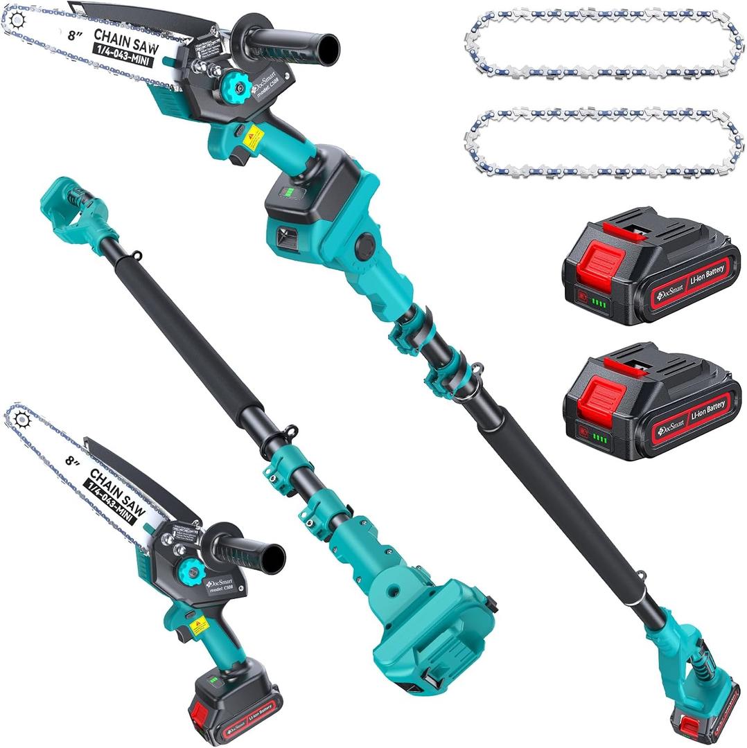 8" Electric Pole Saws for Tree Trimming,Brushless Mini Chainsaw Cordless with Extension Pole 2 Batteries, Battery Powered Hand Held Chain Saw Pole Pruner for Cutting Tree Limbs, Gifts for Father's Day