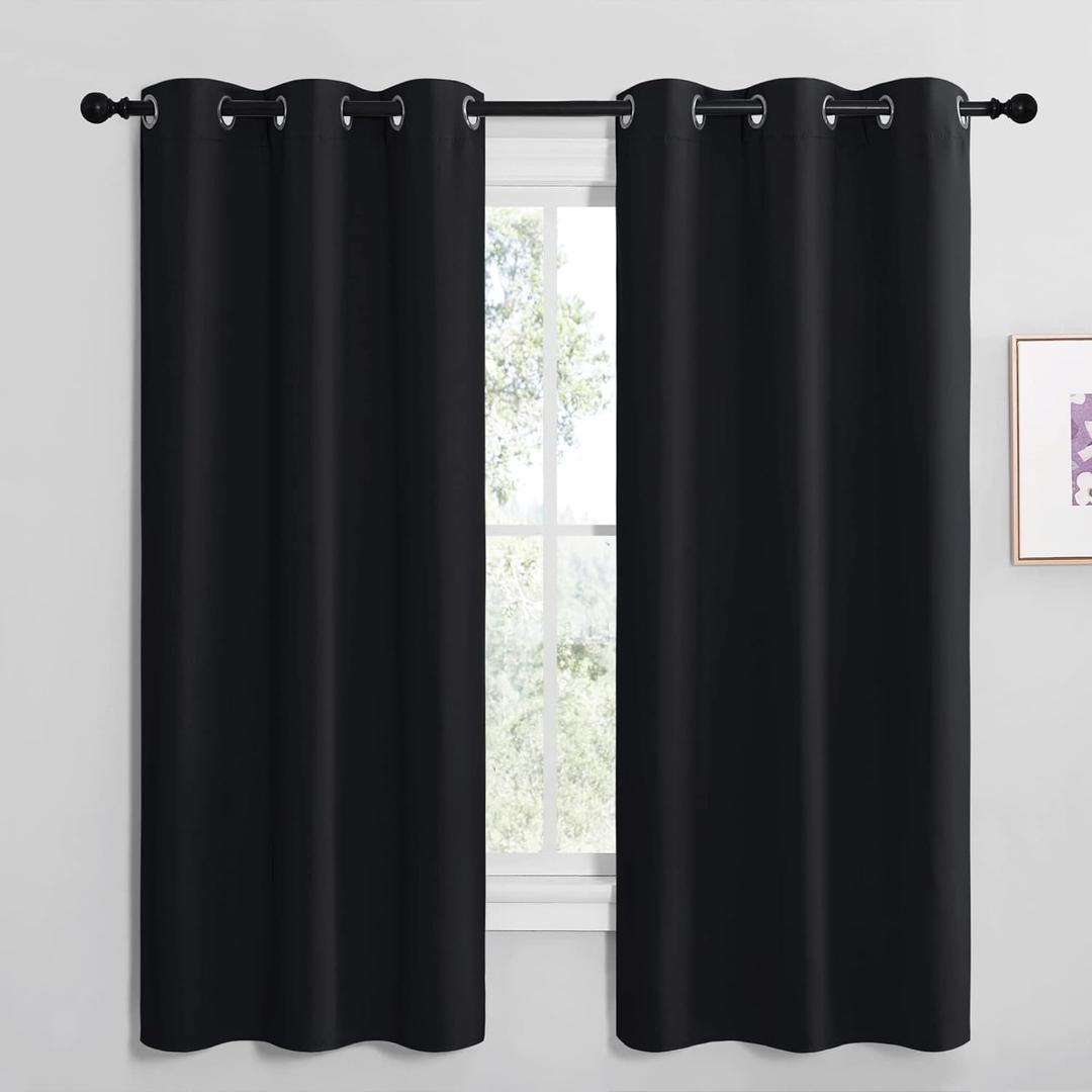 NICETOWN Bathroom Blackout Thermal Curtains and Drapes, Black Solid Thermal Insulated Grommet Blackout Drapery Panels for Window (2 Panels, 42 inches Wide by 68 inches Long, Black)