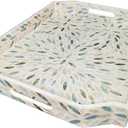 i-lan Mother of Pearl Inlay Serving Tray with Handles for Cocktail Ottoman,Coffee Table,Large Polygon Vintage Handcrafted Wooden Decorative Tray for Party, Food Serving, Breakfast, Dinner, Appetizers
