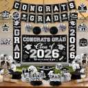 Black and Silver Graduation Decorations 2026 Set, All-in-1 Kit with Congrats Grad Banner Class of 2026 Backdrop Porch Sign Balloons Centerpieces Card Box Pom Poms Streamers for College High School