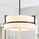 16'' Black Drum Chandelier, 3-Light Modern Chandelier with White Fabric Shade, Adjustable Height Pendant Lighting, Ceiling Light Fixture for Dining Room, Kitchen Island, Living Room, Bedroom