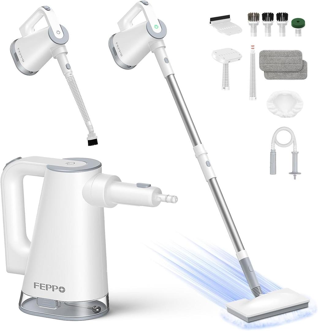 FEPPO Steam Mop & Handheld Steam Cleaner for Home and Floor Cleaning, 15s Heat-Up, 230F Powerful Steamer with 10in1 Multi-Purpose Attachments for Floor,Hardwood,Tile,Grout,Window,Kitchen,Bath (White)