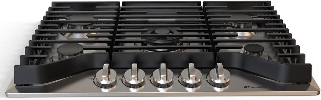 ThermoMate Heavy 30 Inch Gas Cooktop with 5 Italy Sabaf Power Burners, Built In Stove Top of 304 Stainless Steel, Gas Hob NG/LPG Convertible, Thermocouple Protection CSA Certified