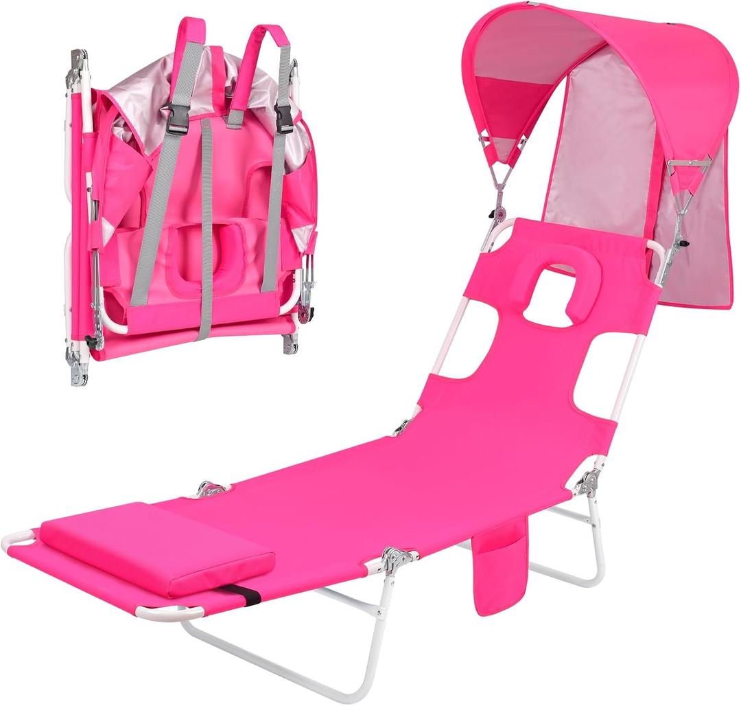 Backpack Beach Tanning Chair with Canopy and Face Hole, 6-Position Folding Lay Out Lounge Chair, UPF 50+ Wind-Resistant Sun Shade, Portable Recliner for Sunbathing, Outside, Poolside, Pink, Patented