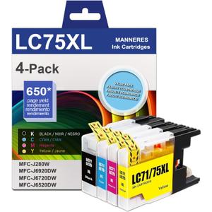 LC75 XL Ink Cartridges High Yield Compatible 4-Pack (LC75C LC75M LC75Y LC75BK XL) - Replacement for Brother LC75 LC71 LC79 Ink Cartridge Work with MFC-J6510DW MFC-J6710DW MFC-J6910DW MFC-J280W Printer