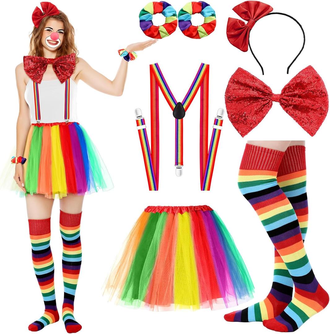 Ramede 7 Pcs Clown Costume Set for Women Circus Outfit Rainbow Tutu Skirt Clown Striped Sock Y Back Adjustable Suspender Hair Scrunchies Bow Tie Headband for Women Halloween Carnival Cosplay, Rainbow Colors