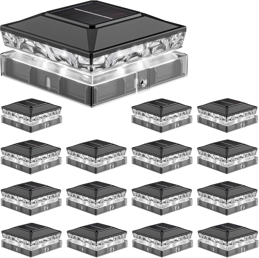 Solar Post Cap Lights, 6500K Cool White IP65 Waterproof Solar Powered Fence Light for 4x4 Wood Post & 5x5 Vinyl Fence, Deck Patio Garden Yard Outdoor Landscape Lighting, ABS Material (Black, 16pack)