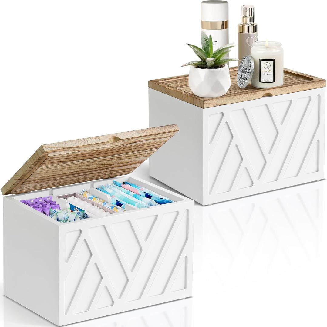 2 PCS White Tampon Holder for Bathroom Decor, Feminine Product Organizer With Lid, Shark Week Storage, Wood Pad Box for Toilet, Bathroom Accessories