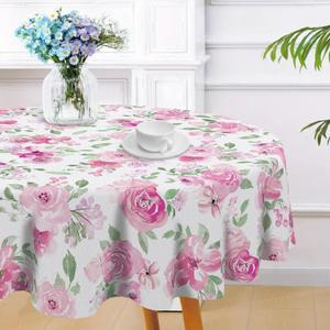 Spring Summer Pink Flower Round Tablecloth 70 x 70 Inches, Rose Peony Floral Decorative Dining Table Cloth, Seasonal Dinner Table Cover Picnic Party Decoration